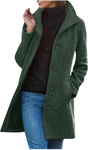 Winter Coats for Women Single Breasted Trench Coat Winter Wool Blend Pea Coat Vintage Stand Collar Casual Trench Coat