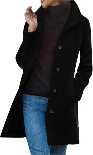 Winter Coats for Women Single Breasted Trench Coat Winter Wool Blend Pea Coat Vintage Stand Collar Casual Trench Coat