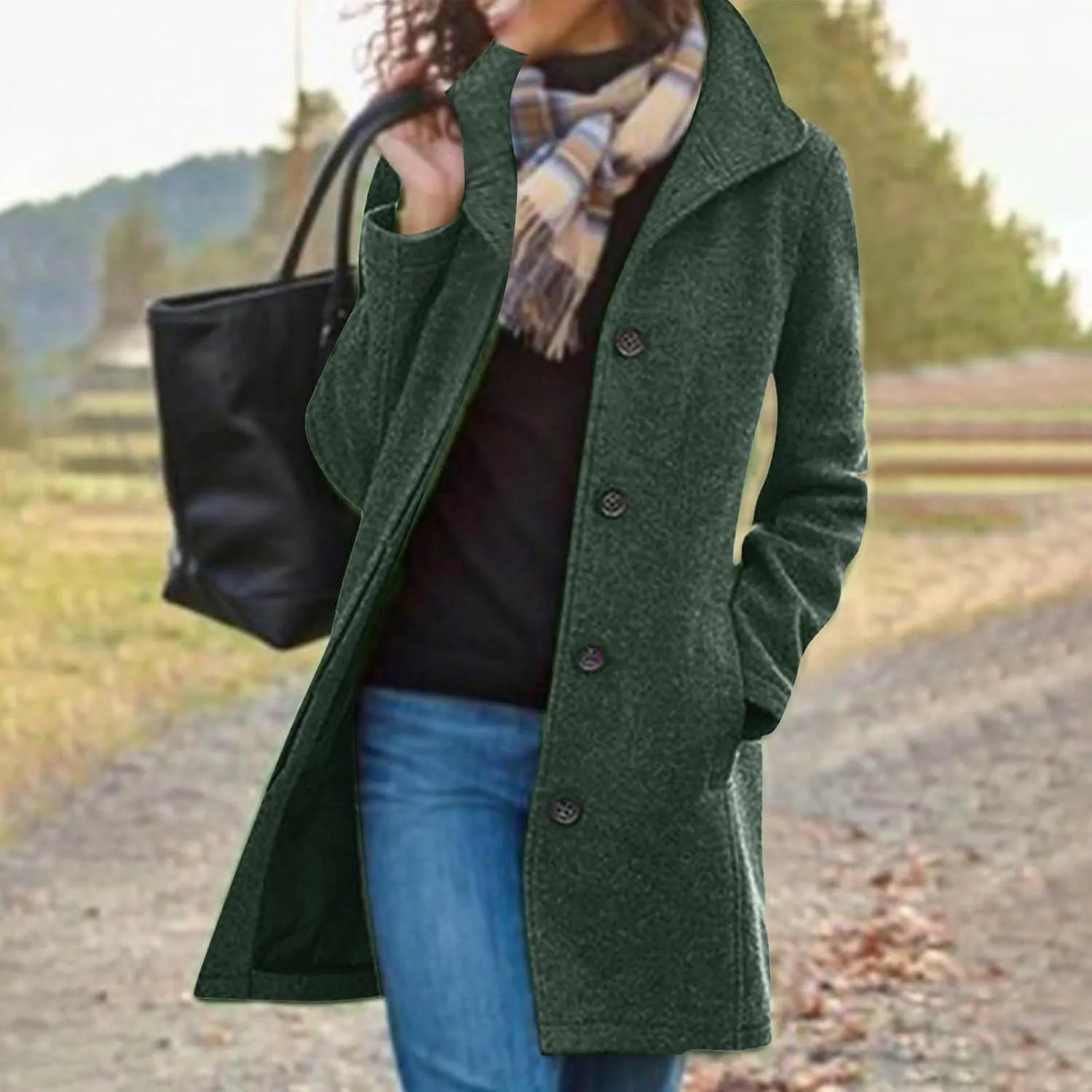 Winter Coats for Women Single Breasted Trench Coat Winter Wool Blend Pea Coat Vintage Stand Collar Casual Trench Coat