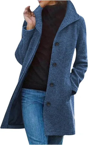 Winter Coats for Women Single Breasted Trench Coat Winter Wool Blend Pea Coat Vintage Stand Collar Casual Trench Coat