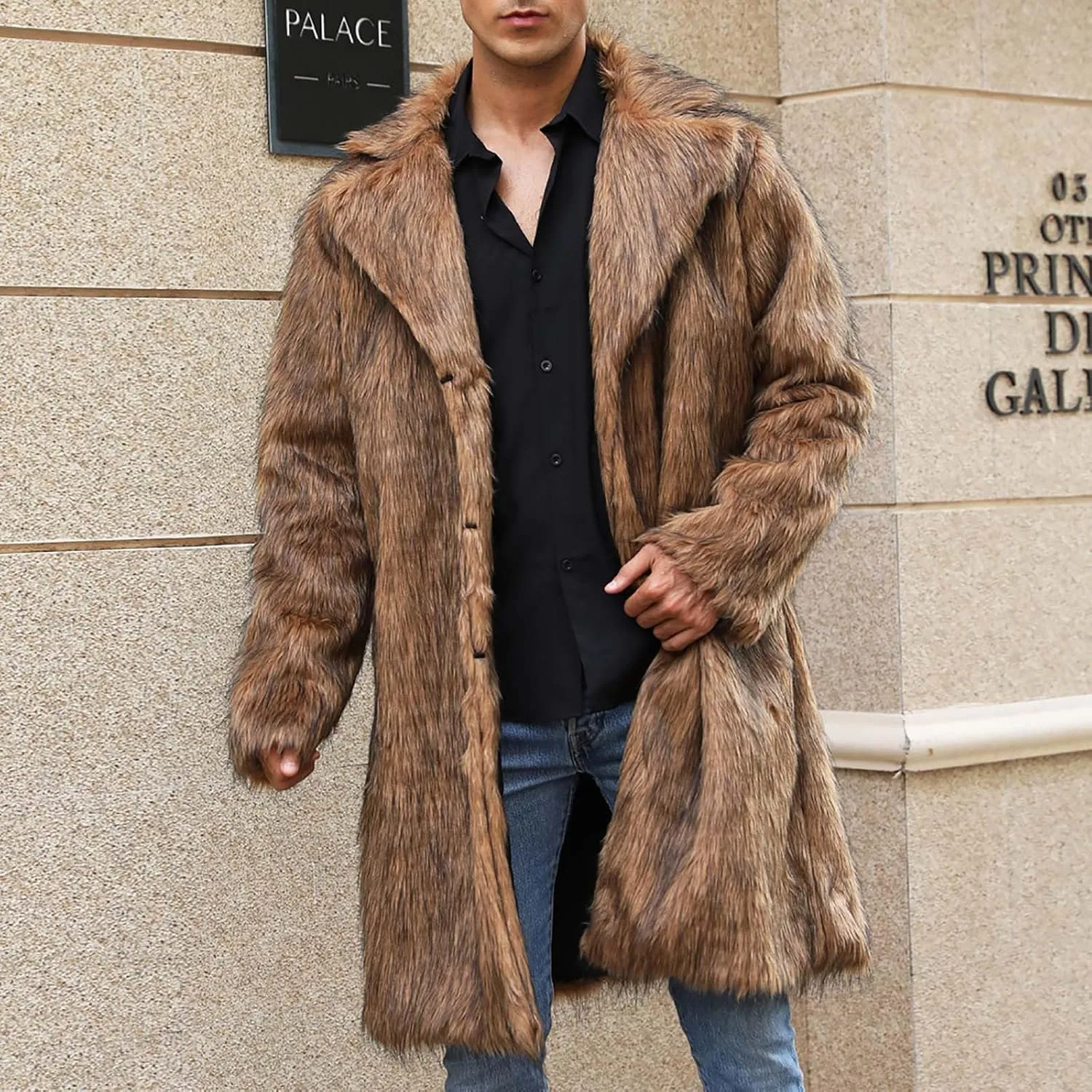 Winter Jackets for Men Long Faux Fur Coat Open Front Cardigan Fuzzy Fleece Jacket Lapel Overcoat Warm Trench Coat
