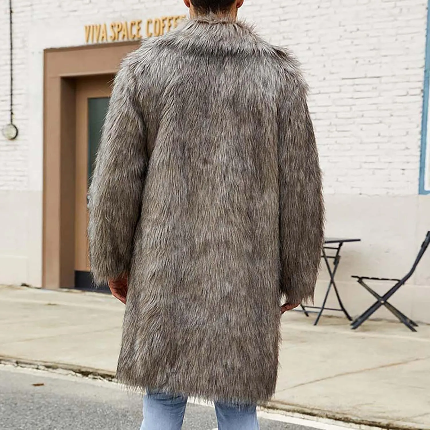 Winter Jackets for Men Long Faux Fur Coat Open Front Cardigan Fuzzy Fleece Jacket Lapel Overcoat Warm Trench Coat