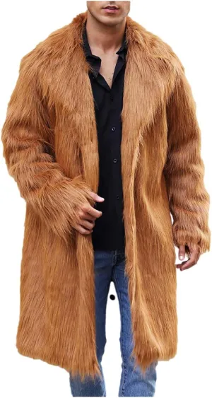 Winter Jackets for Men Long Faux Fur Coat Open Front Cardigan Fuzzy Fleece Jacket Lapel Overcoat Warm Trench Coat