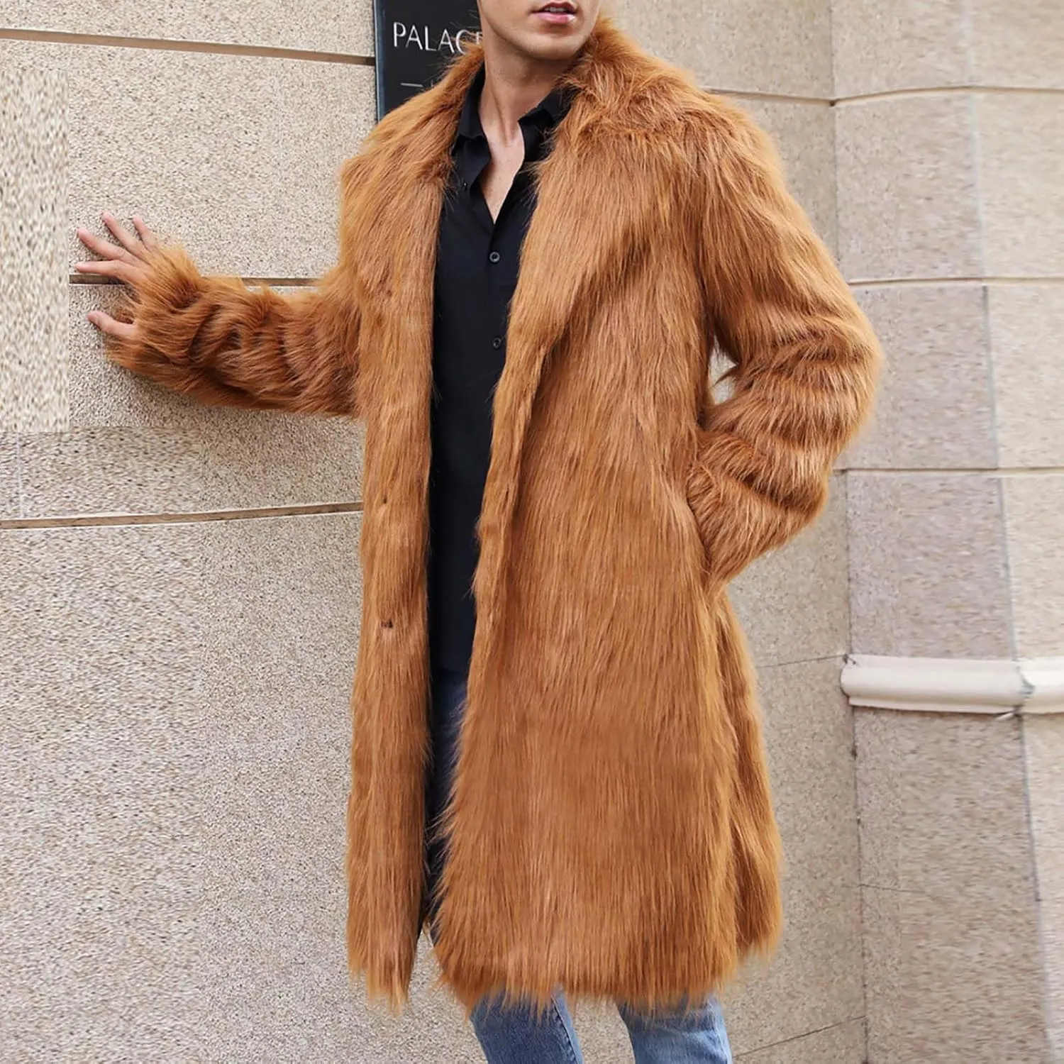 Winter Jackets for Men Long Faux Fur Coat Open Front Cardigan Fuzzy Fleece Jacket Lapel Overcoat Warm Trench Coat