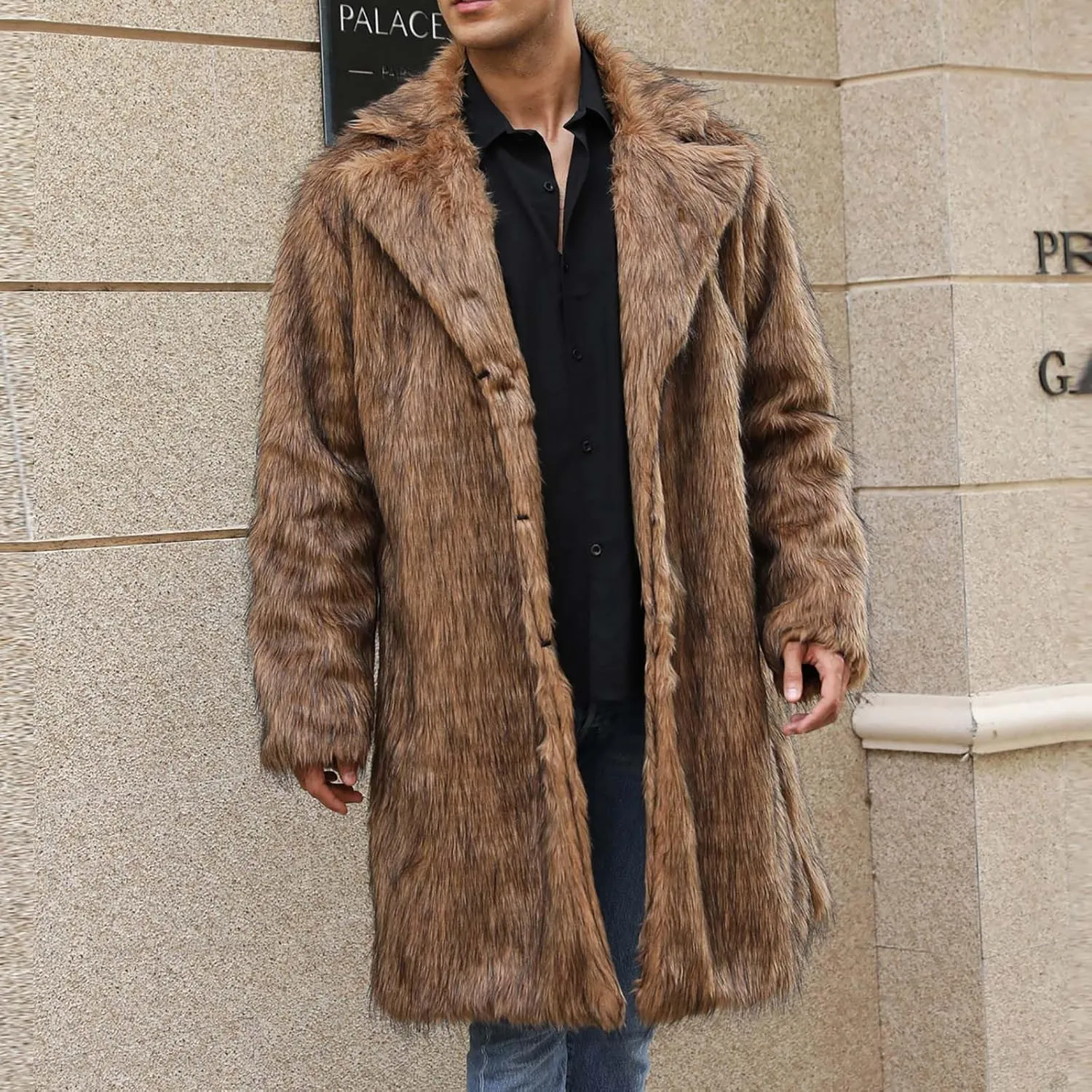 Winter Jackets for Men Long Faux Fur Coat Open Front Cardigan Fuzzy Fleece Jacket Lapel Overcoat Warm Trench Coat