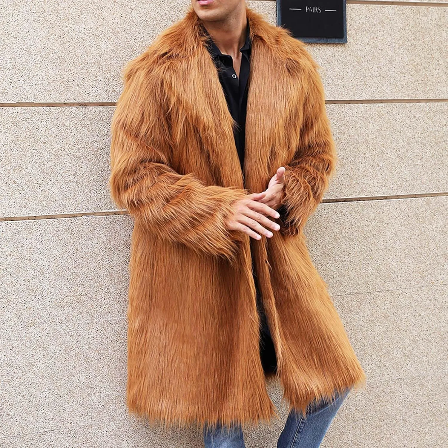 Winter Jackets for Men Long Faux Fur Coat Open Front Cardigan Fuzzy Fleece Jacket Lapel Overcoat Warm Trench Coat