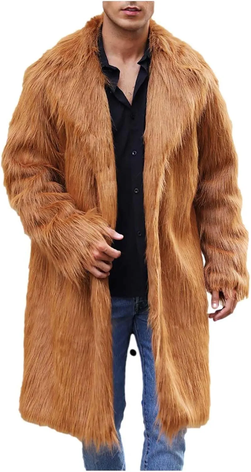 Winter Jackets for Men Long Faux Fur Coat Open Front Cardigan Fuzzy Fleece Jacket Lapel Overcoat Warm Trench Coat