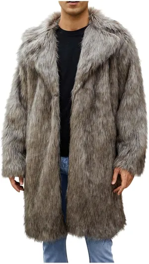 Winter Jackets for Men Long Faux Fur Coat Open Front Cardigan Fuzzy Fleece Jacket Lapel Overcoat Warm Trench Coat