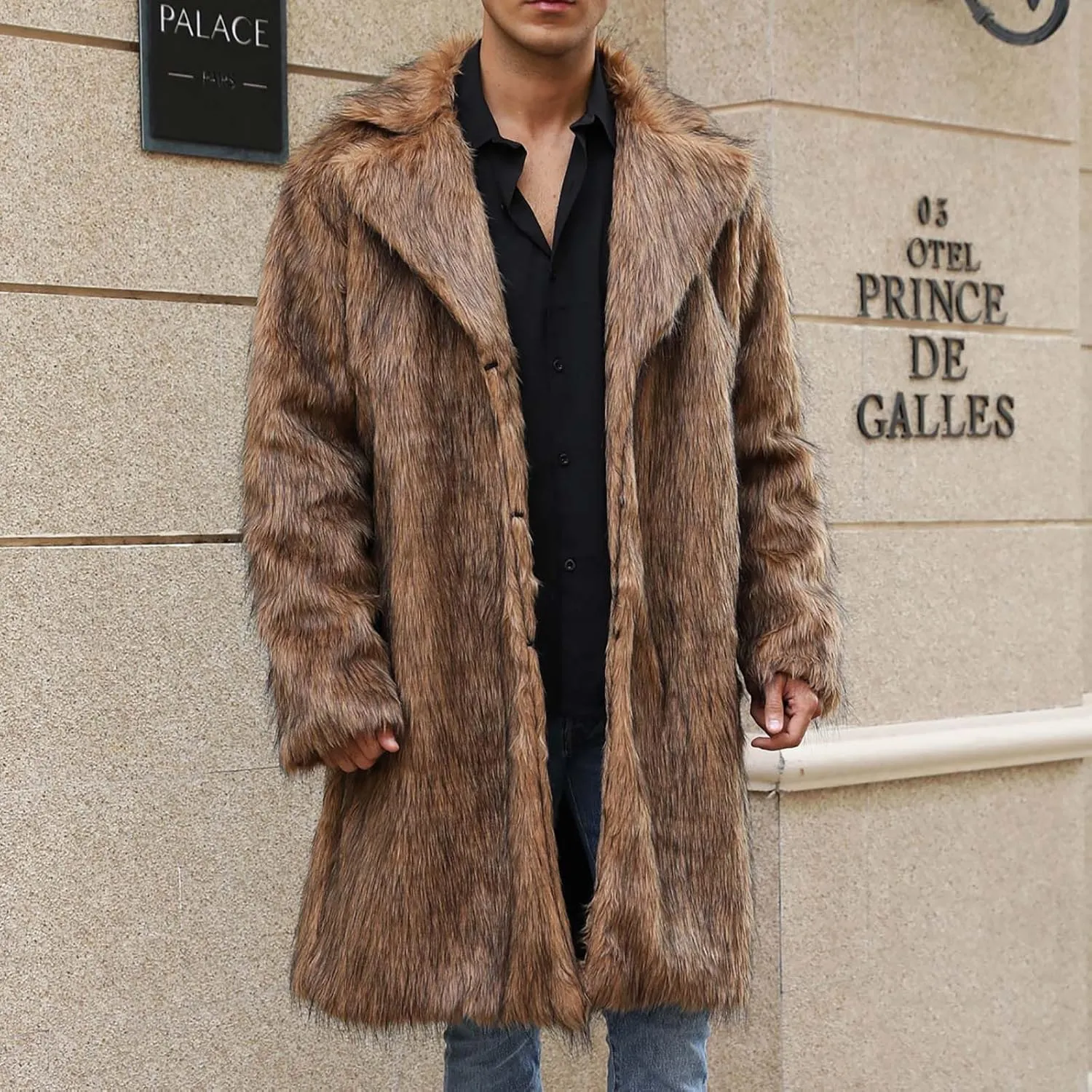Winter Jackets for Men Long Faux Fur Coat Open Front Cardigan Fuzzy Fleece Jacket Lapel Overcoat Warm Trench Coat