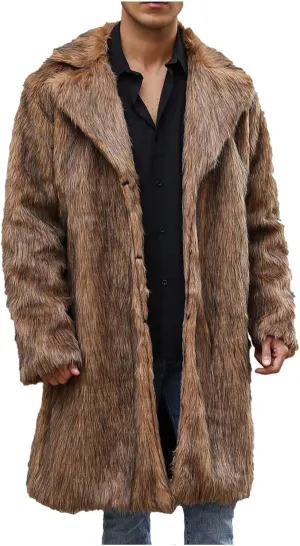 Winter Jackets for Men Long Faux Fur Coat Open Front Cardigan Fuzzy Fleece Jacket Lapel Overcoat Warm Trench Coat