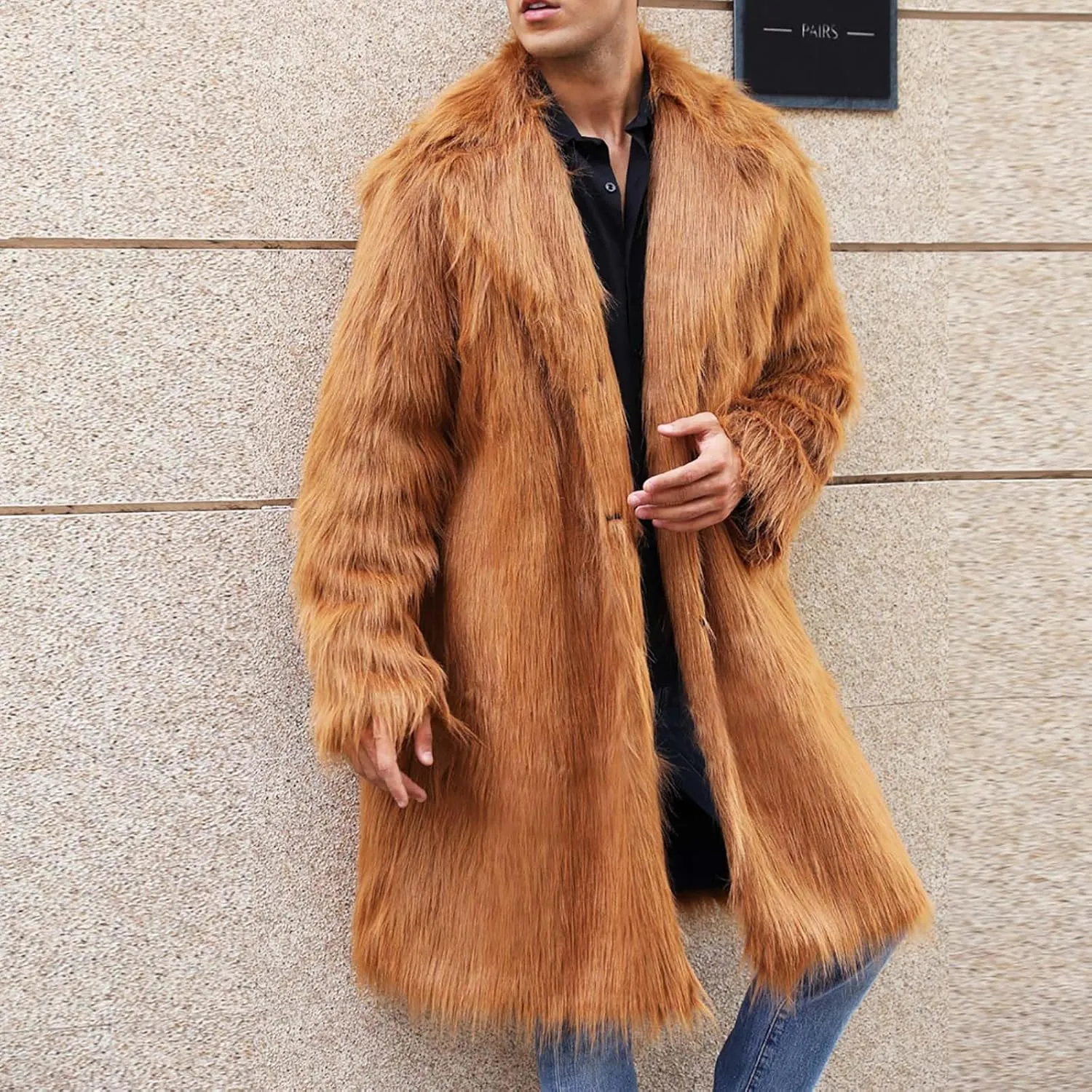 Winter Jackets for Men Long Faux Fur Coat Open Front Cardigan Fuzzy Fleece Jacket Lapel Overcoat Warm Trench Coat
