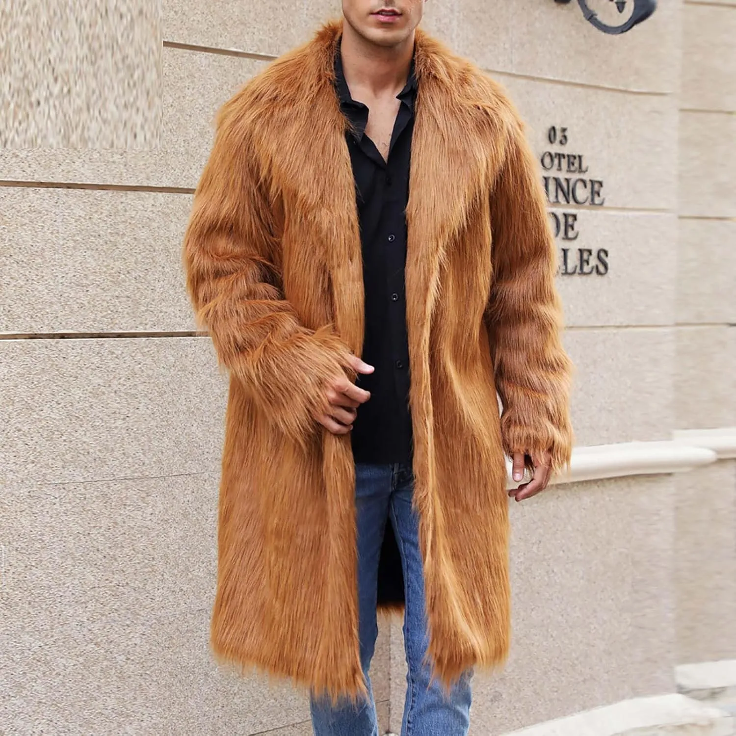 Winter Jackets for Men Long Faux Fur Coat Open Front Cardigan Fuzzy Fleece Jacket Lapel Overcoat Warm Trench Coat
