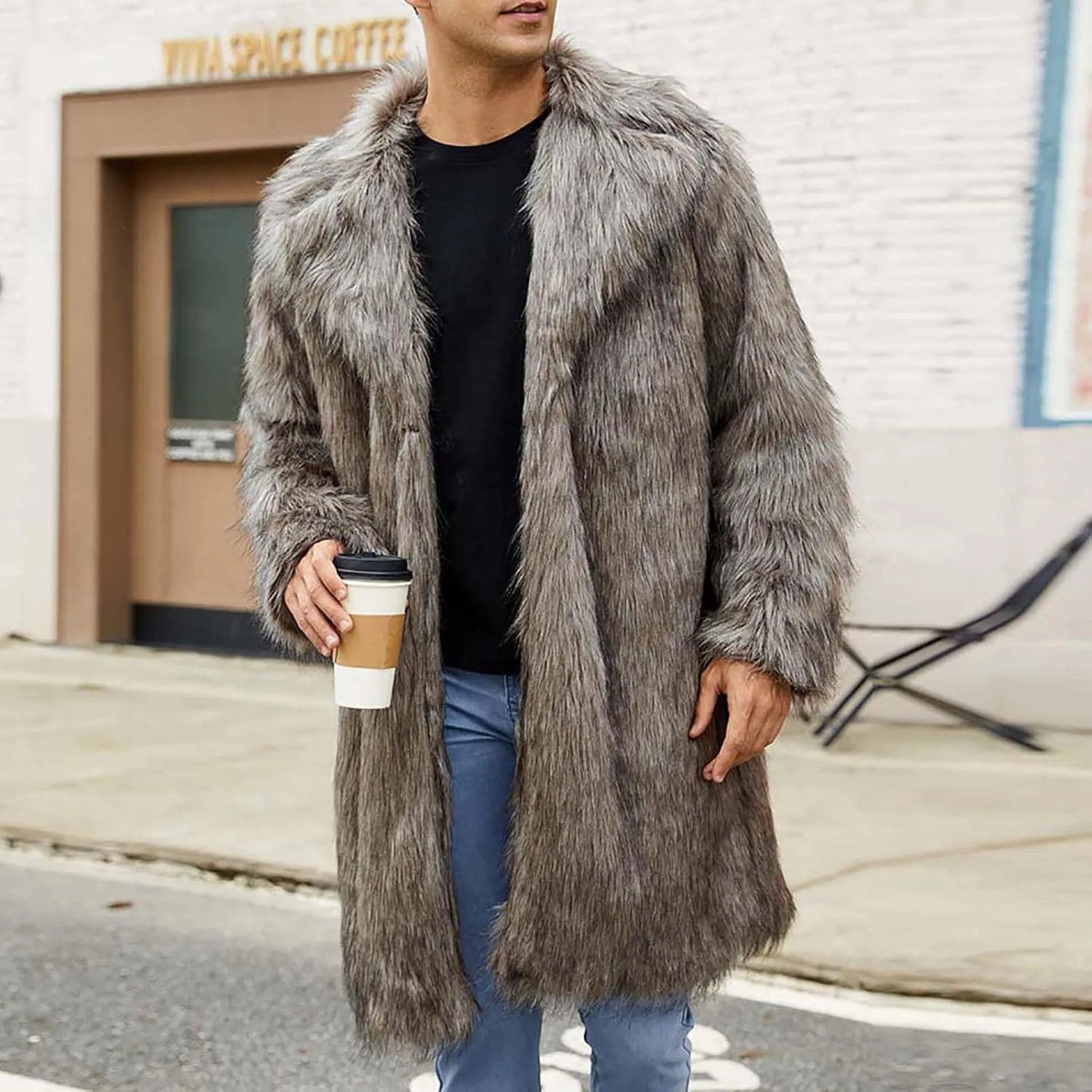 Winter Jackets for Men Long Faux Fur Coat Open Front Cardigan Fuzzy Fleece Jacket Lapel Overcoat Warm Trench Coat