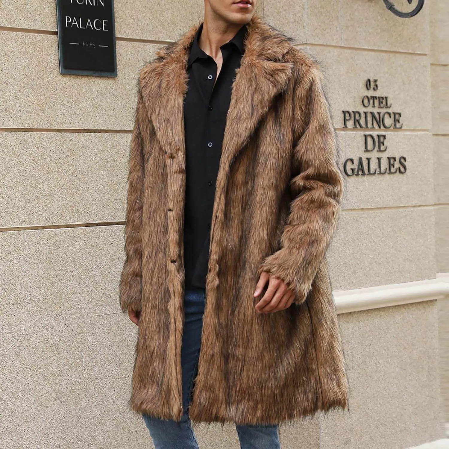 Winter Jackets for Men Long Faux Fur Coat Open Front Cardigan Fuzzy Fleece Jacket Lapel Overcoat Warm Trench Coat
