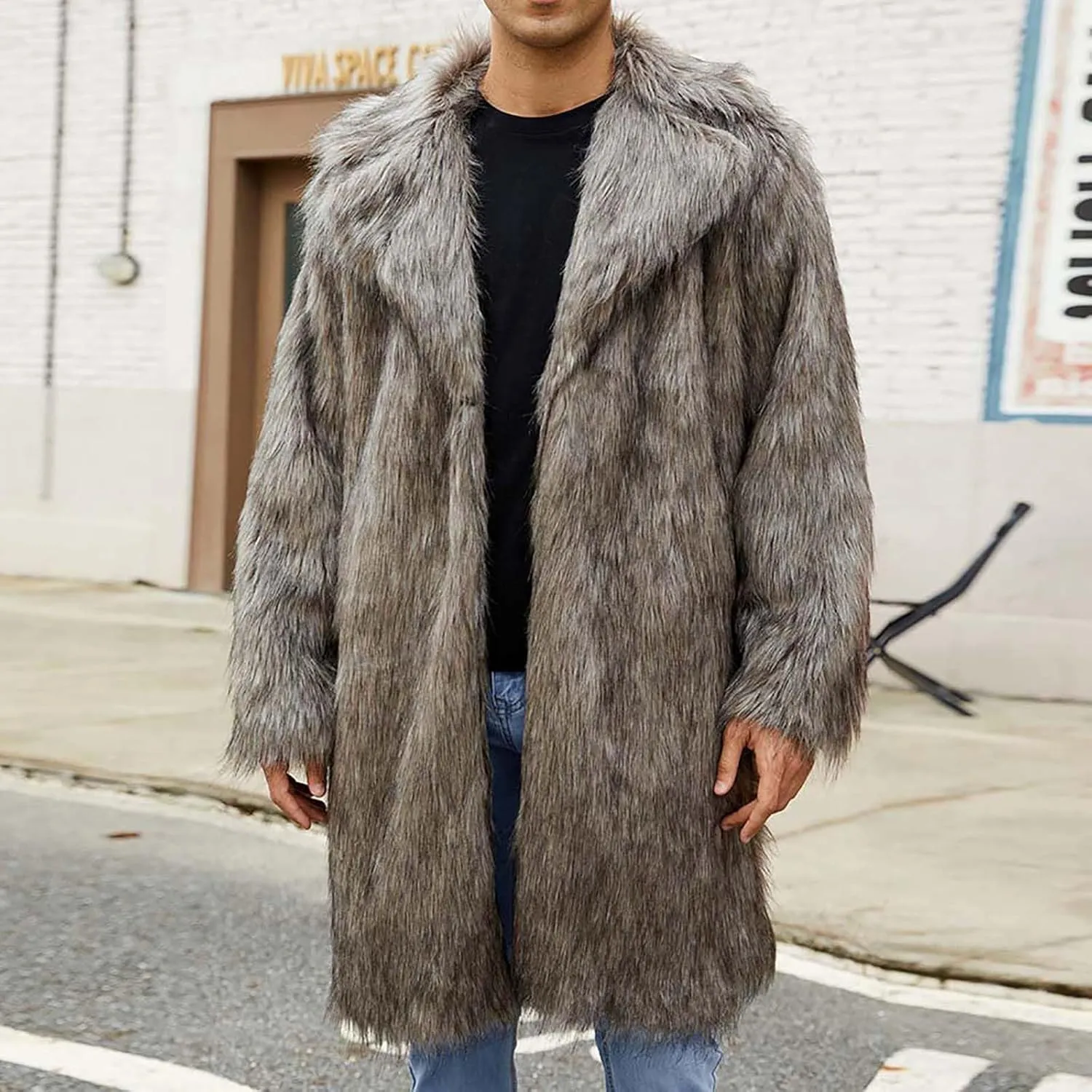 Winter Jackets for Men Long Faux Fur Coat Open Front Cardigan Fuzzy Fleece Jacket Lapel Overcoat Warm Trench Coat