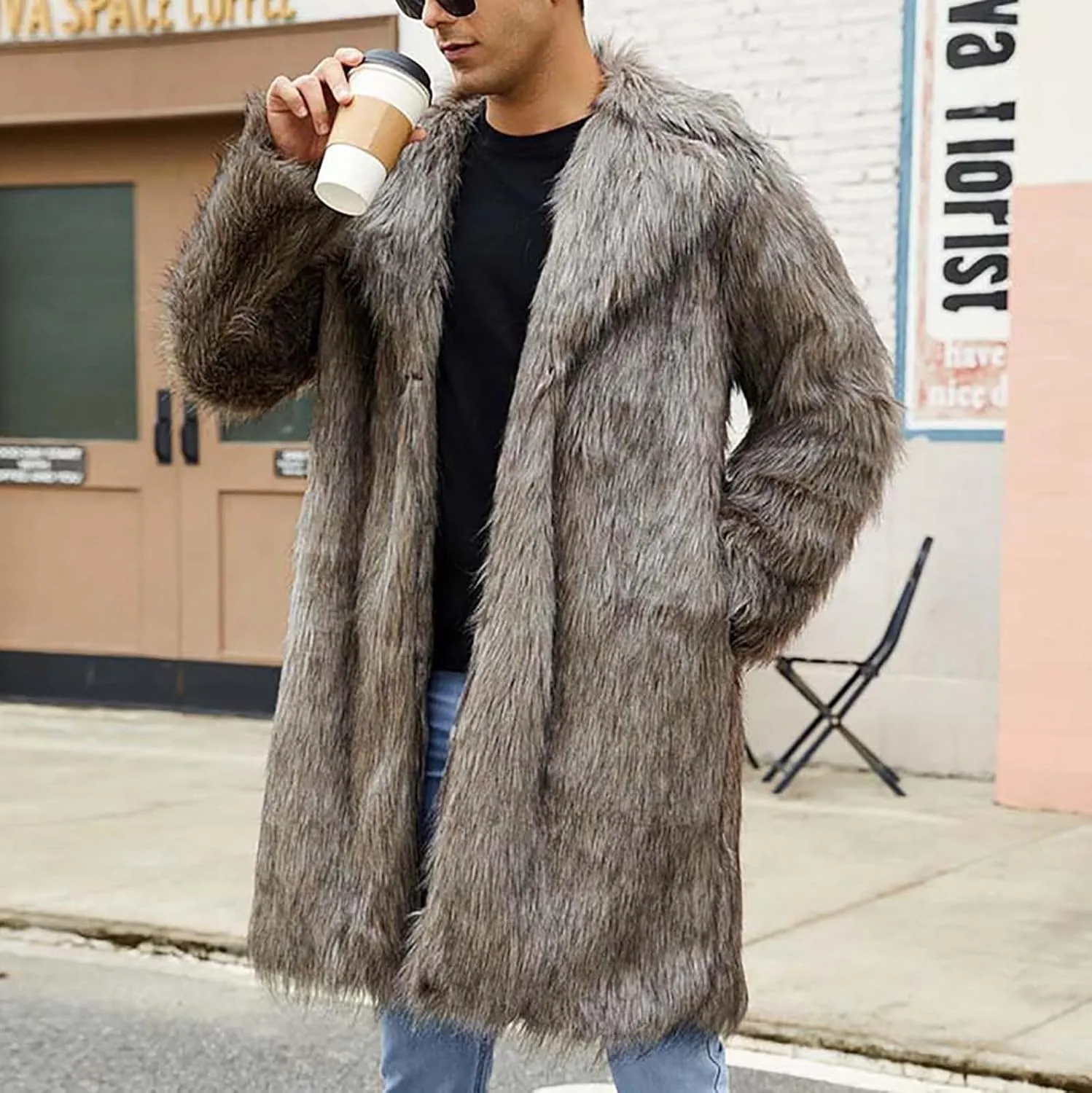 Winter Jackets for Men Long Faux Fur Coat Open Front Cardigan Fuzzy Fleece Jacket Lapel Overcoat Warm Trench Coat