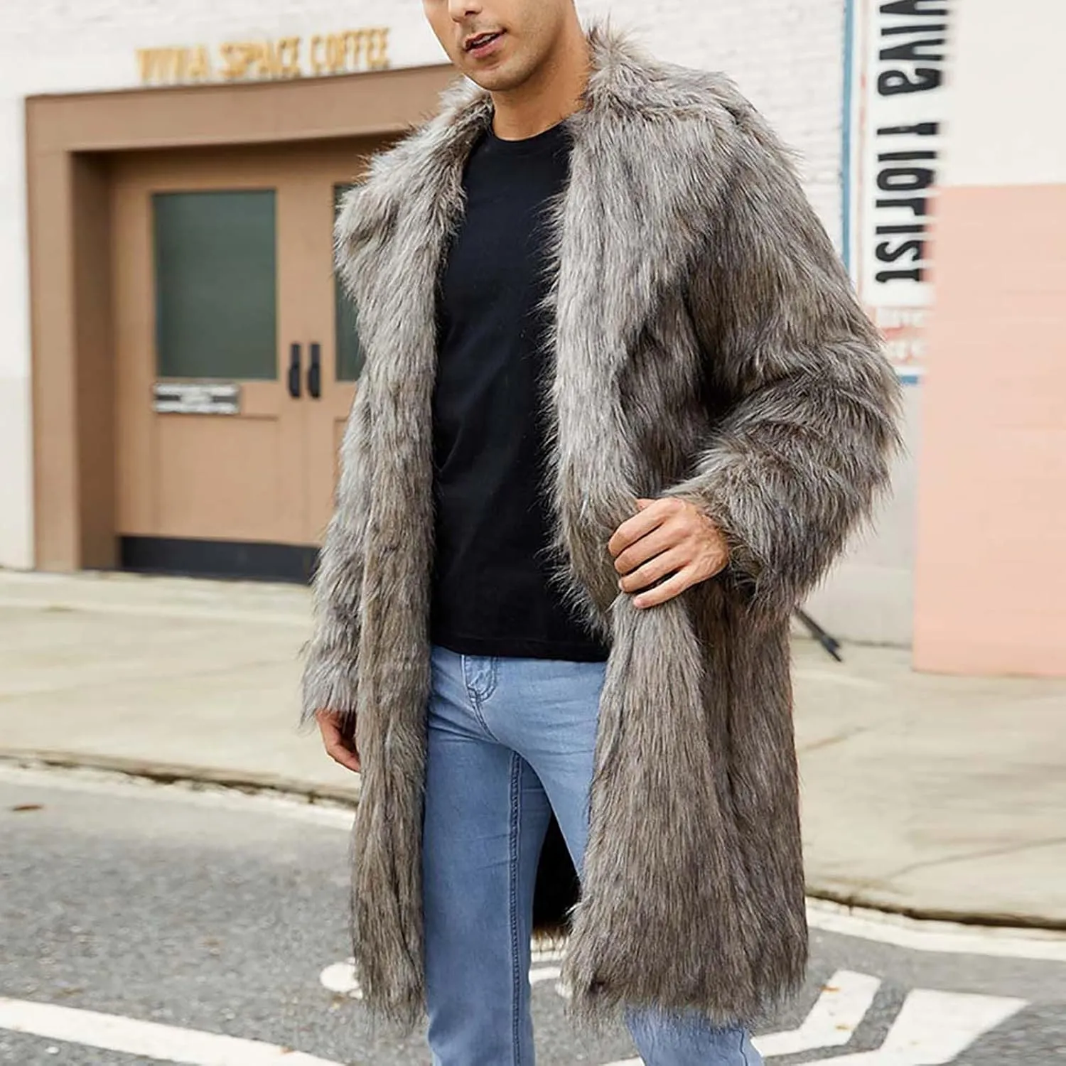 Winter Jackets for Men Long Faux Fur Coat Open Front Cardigan Fuzzy Fleece Jacket Lapel Overcoat Warm Trench Coat