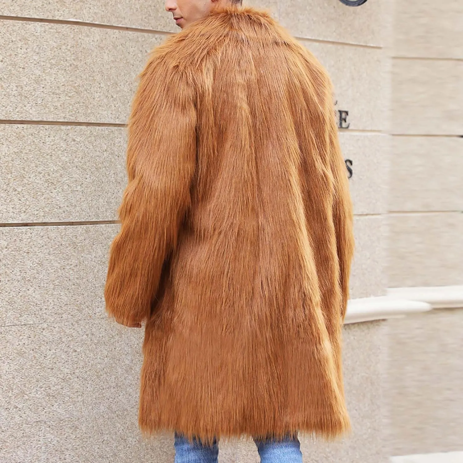 Winter Jackets for Men Long Faux Fur Coat Open Front Cardigan Fuzzy Fleece Jacket Lapel Overcoat Warm Trench Coat