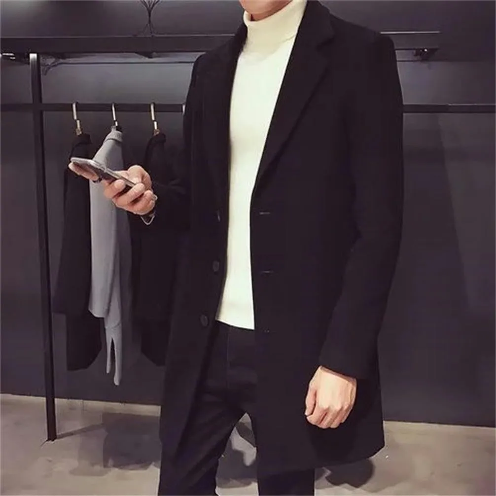 Winter Men Slim Fit Trench Outwear Blended Medium Long Trenchs Men Business Casual Coats