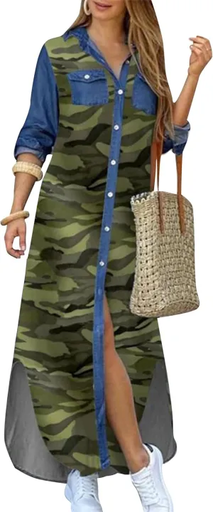 WIWIQS Women's Casual Loose Maxi Shirt Dress Lapel Rolled up Sleeve Button Down Dress Floral Print Open Front Long Dresses