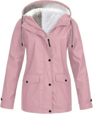 Wkishenl Rain Jacket for Women Softshell Warm Fleece Lined Fall Winter Coats Hooded Waterproof Windbreaker Trench Coat