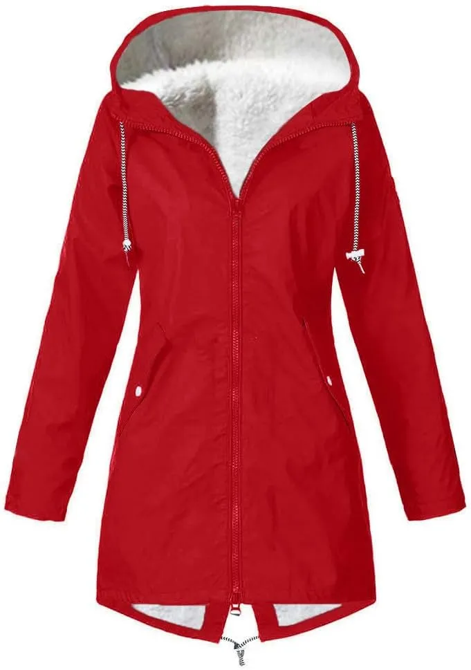 Wkishenl Waterproof Rain Coat Women Fall Winter Fleece Lined Outdoor Trench Coats Plus Size Windbreaker Rain Jacket