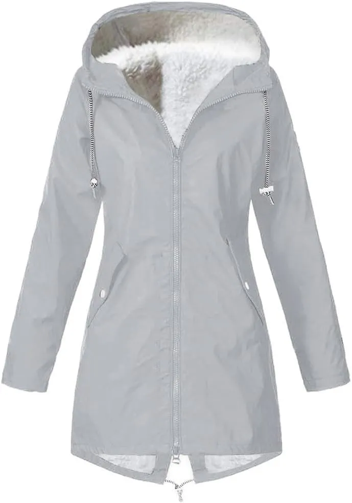 Wkishenl Waterproof Rain Coat Women Fall Winter Fleece Lined Outdoor Trench Coats Plus Size Windbreaker Rain Jacket