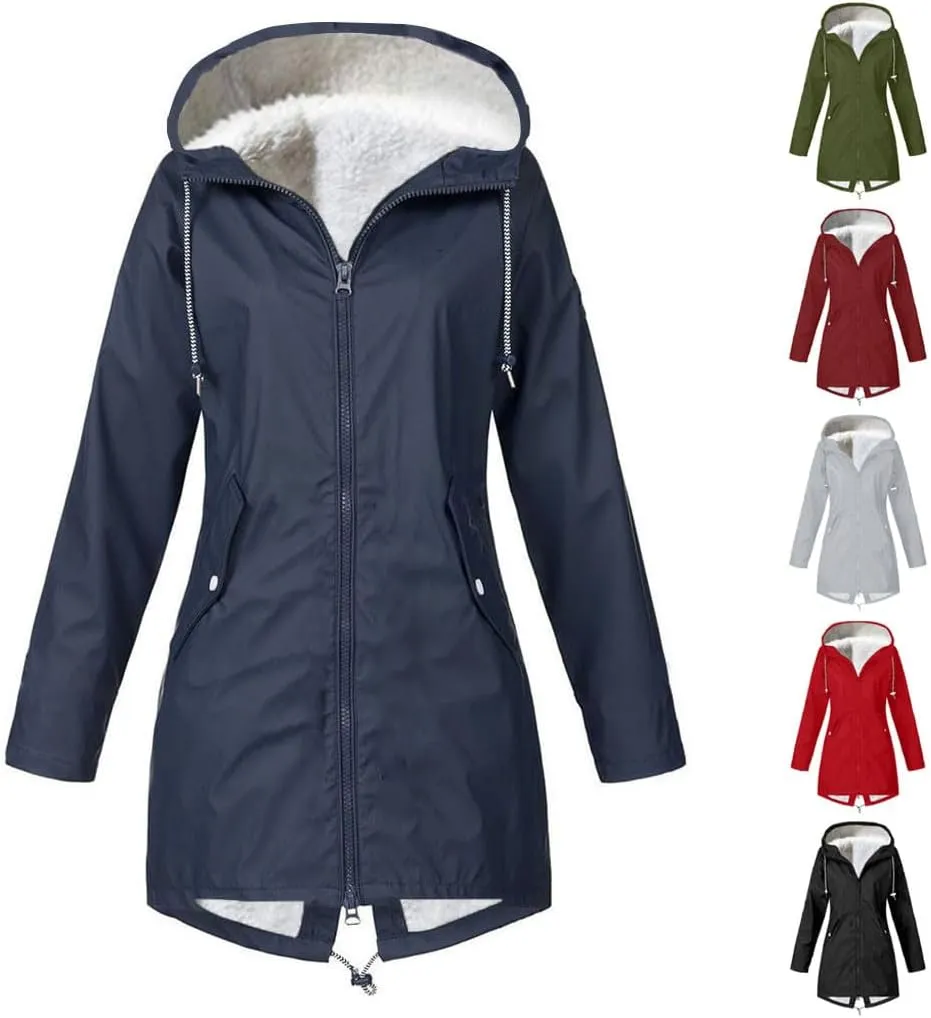 Wkishenl Waterproof Rain Coat Women Fall Winter Fleece Lined Outdoor Trench Coats Plus Size Windbreaker Rain Jacket