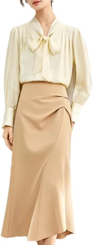 Women Bow Chiffon Blouse Camisole 2 Piece Set Loose Button Up Shirt Tank Top