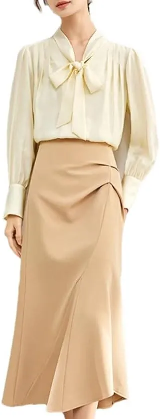 Women Bow Chiffon Blouse Camisole 2 Piece Set Loose Button Up Shirt Tank Top