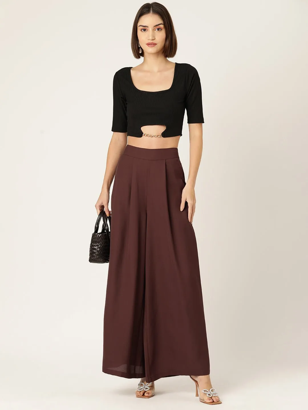 Women Brown Relaxed Loose Fit High-Rise Pleated Trousers