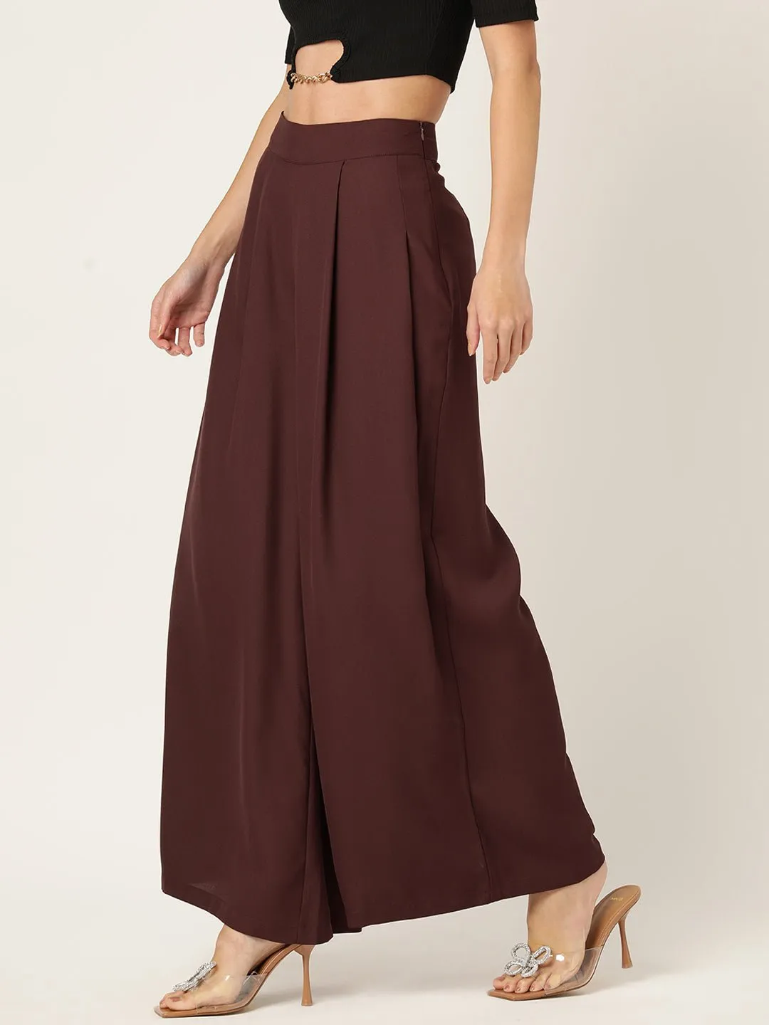 Women Brown Relaxed Loose Fit High-Rise Pleated Trousers