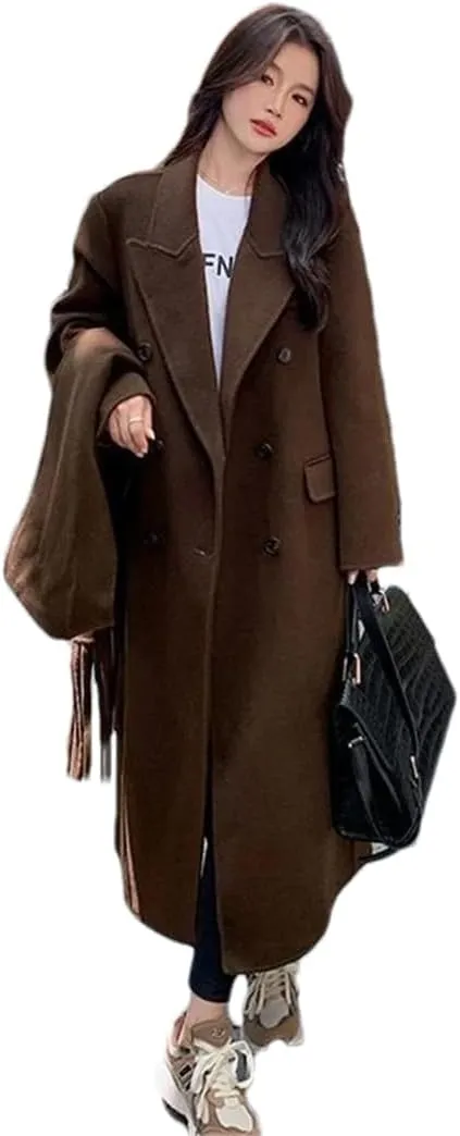 Women Casual Woolen Long Trench Coat Winter Classic Laper Double Breasted Warm Overcoat