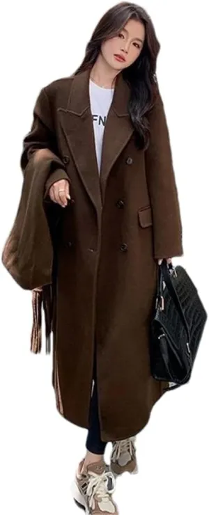 Women Casual Woolen Long Trench Coat Winter Classic Laper Double Breasted Warm Overcoat