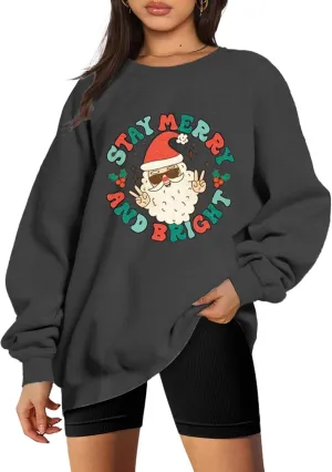 Women Christmas Sweatshirt Stay Merry and Bright Shirts Retro Santa Graphic Long Sleeve Crewneck Pullover Xmas Oversize Tops