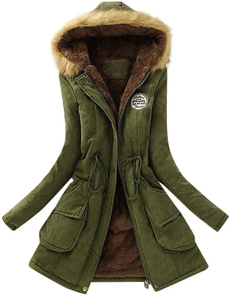 Women Cotton Jacket Padded Winter Casual Slim Coat Emboridery Hooded Parkas Wadded Warm Overcoat Trendy Parkas Day (Army Green,M)