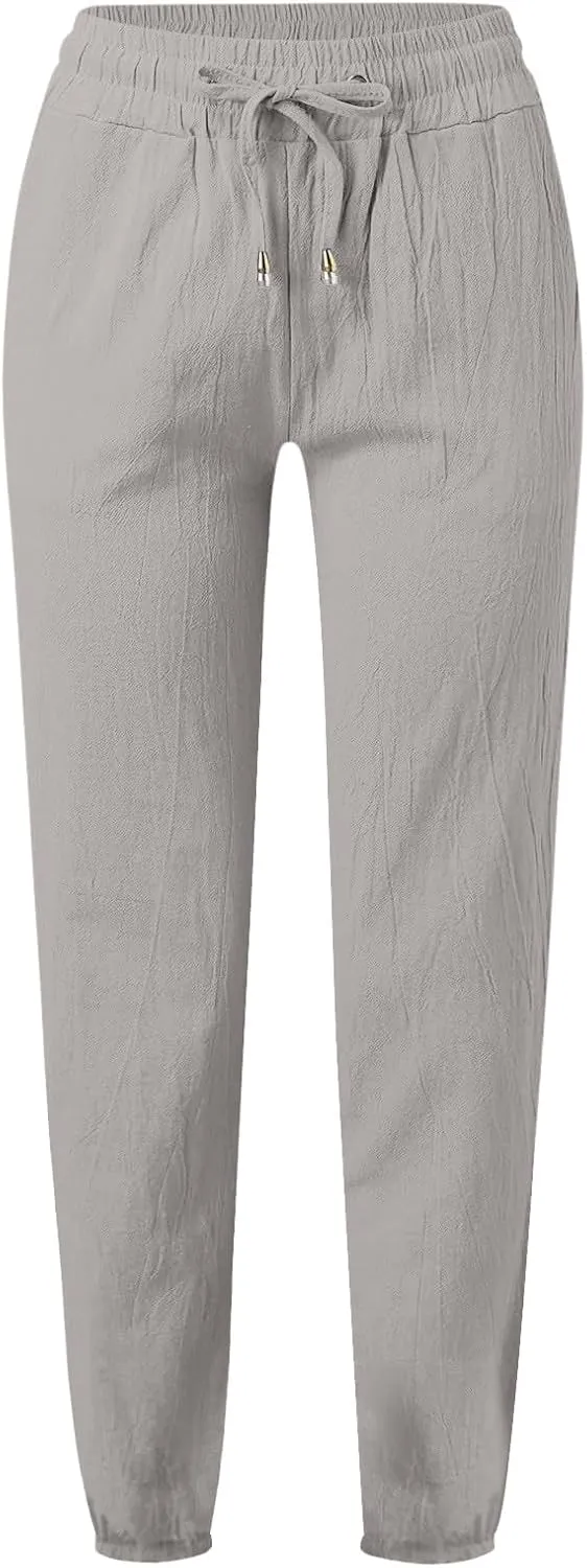 Women Cotton Linen Ankle Length Pants Straight Leg Elastic High Waist Casual Summer Beach Cropped Pant Trousers with Pockets
