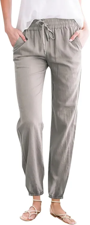 Women Cotton Linen Ankle Length Pants Straight Leg Elastic High Waist Casual Summer Beach Cropped Pant Trousers with Pockets
