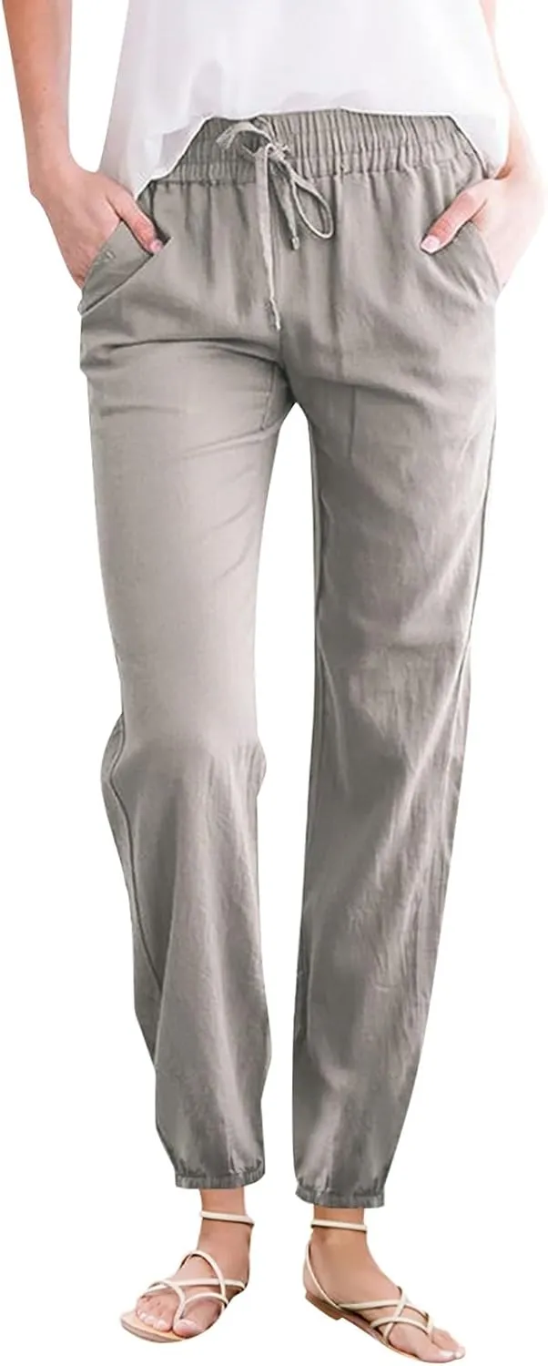 Women Cotton Linen Ankle Length Pants Straight Leg Elastic High Waist Casual Summer Beach Cropped Pant Trousers with Pockets