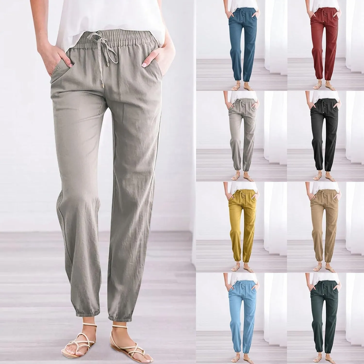 Women Cotton Linen Ankle Length Pants Straight Leg Elastic High Waist Casual Summer Beach Cropped Pant Trousers with Pockets