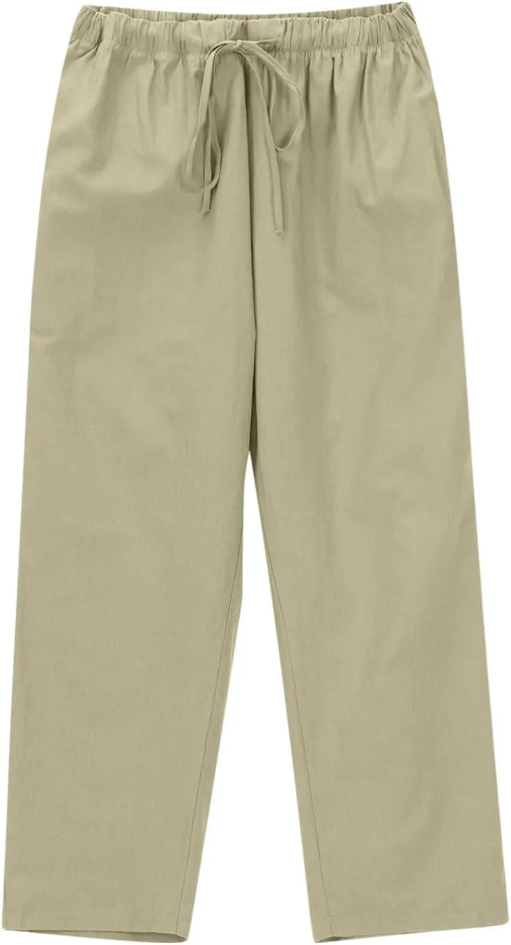 Women Cotton Linen Cropped Pants Casual Loose Wide Leg Trousers Summer Trendy Drawstring High Waist Pants with Pockets