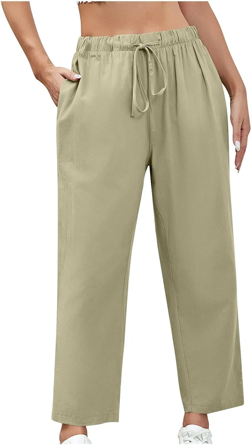 Women Cotton Linen Cropped Pants Casual Loose Wide Leg Trousers Summer Trendy Drawstring High Waist Pants with Pockets