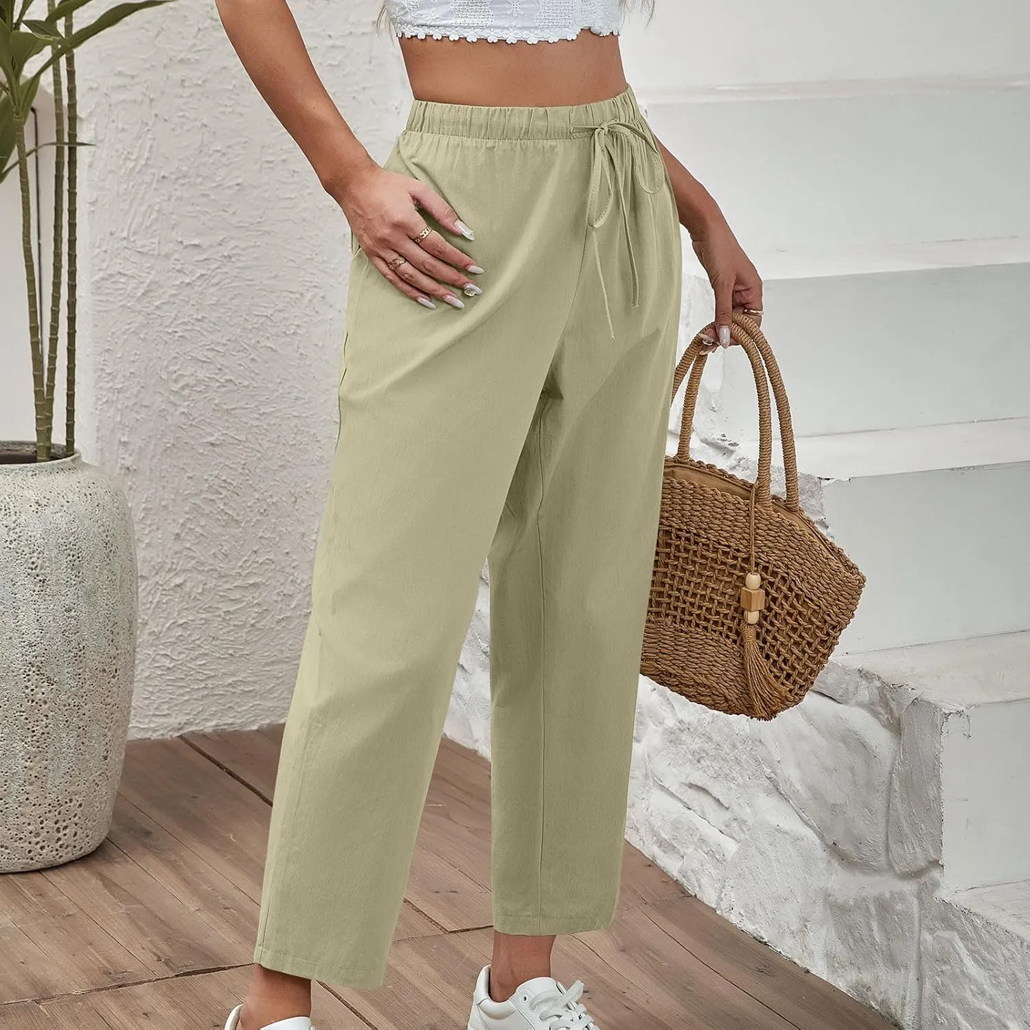 Women Cotton Linen Cropped Pants Casual Loose Wide Leg Trousers Summer Trendy Drawstring High Waist Pants with Pockets