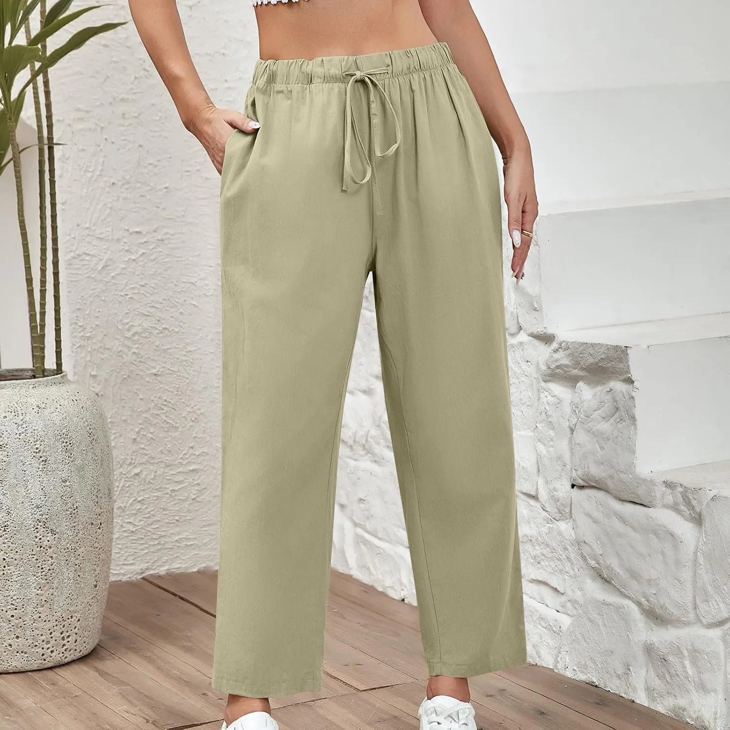 Women Cotton Linen Cropped Pants Casual Loose Wide Leg Trousers Summer Trendy Drawstring High Waist Pants with Pockets