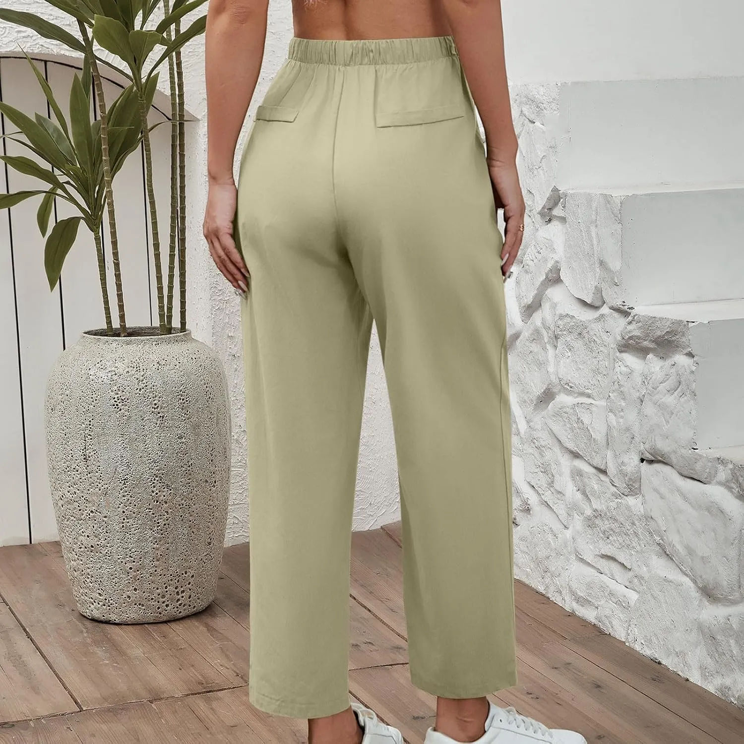 Women Cotton Linen Cropped Pants Casual Loose Wide Leg Trousers Summer Trendy Drawstring High Waist Pants with Pockets