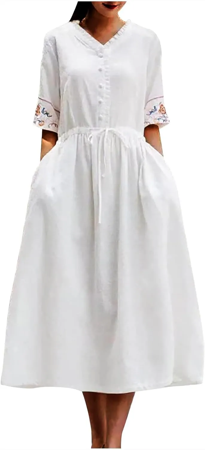 Women Cotton Linen Midi Dress Ruffle V Neck Floral Embroidery Half Sleeve Vintage 2025 Summer Pleated Casual Dress