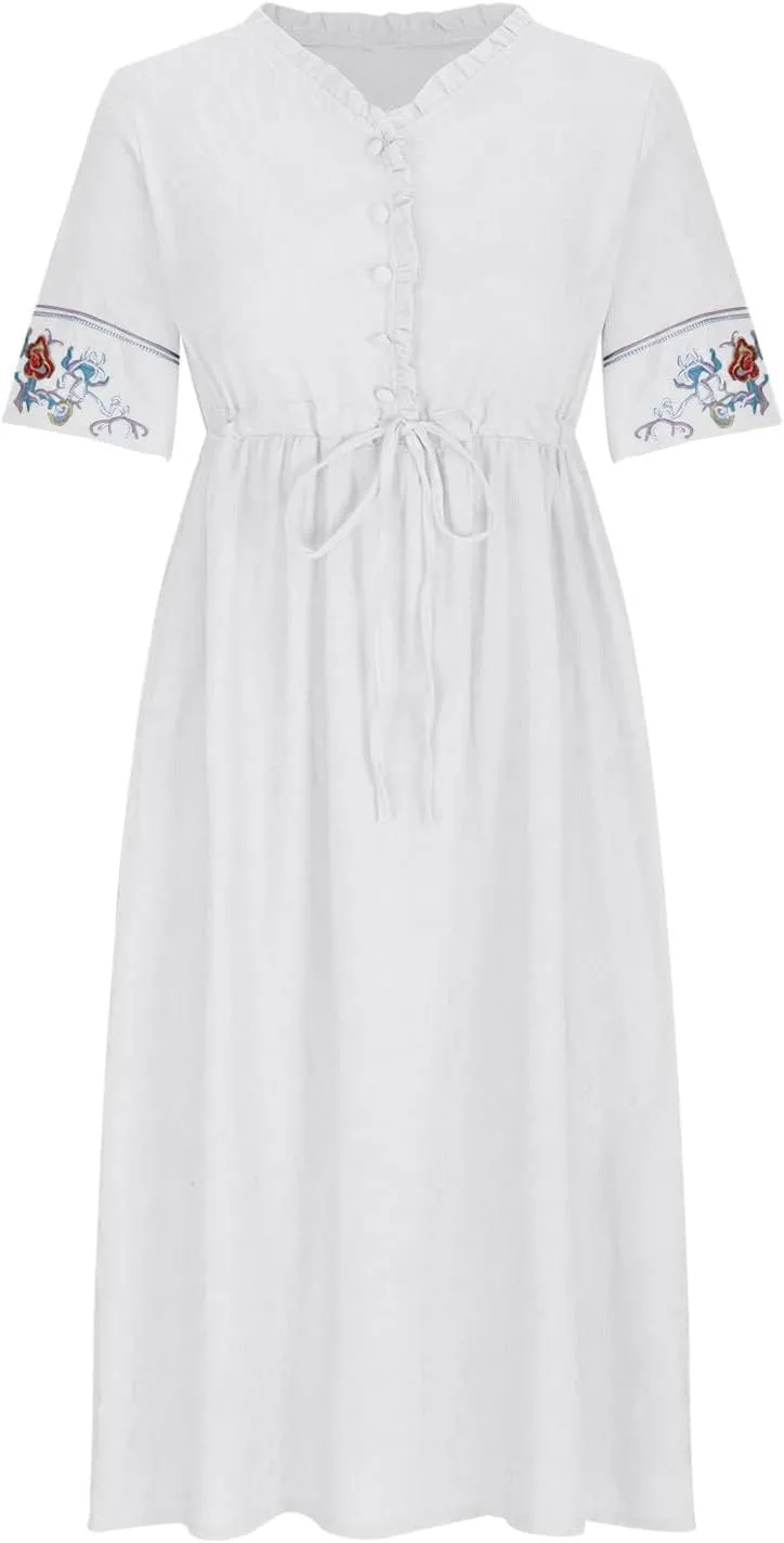Women Cotton Linen Midi Dress Ruffle V Neck Floral Embroidery Half Sleeve Vintage 2025 Summer Pleated Casual Dress