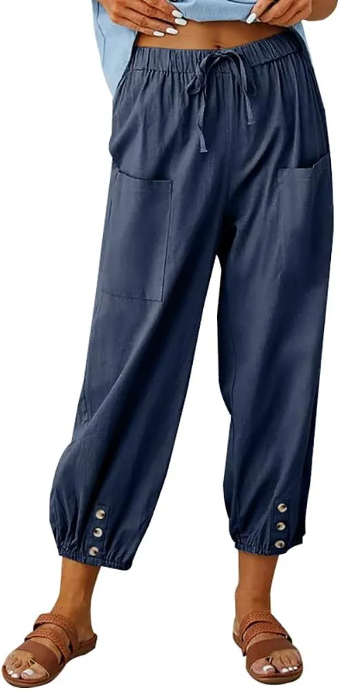 Women Cotton Linen Pants Casual Drawstring High Waisted Loose Plus Size Cropped Pants with Pockets
