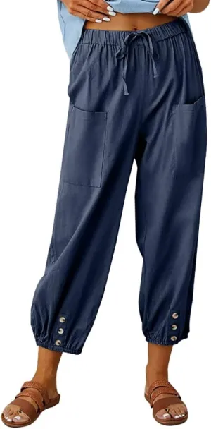 Women Cotton Linen Pants Casual Drawstring High Waisted Loose Plus Size Cropped Pants with Pockets