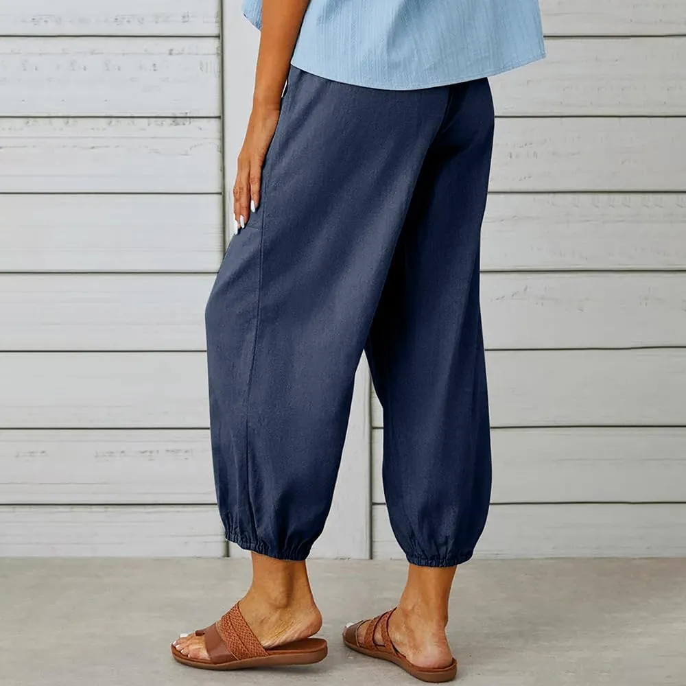 Women Cotton Linen Pants Casual Drawstring High Waisted Loose Plus Size Cropped Pants with Pockets